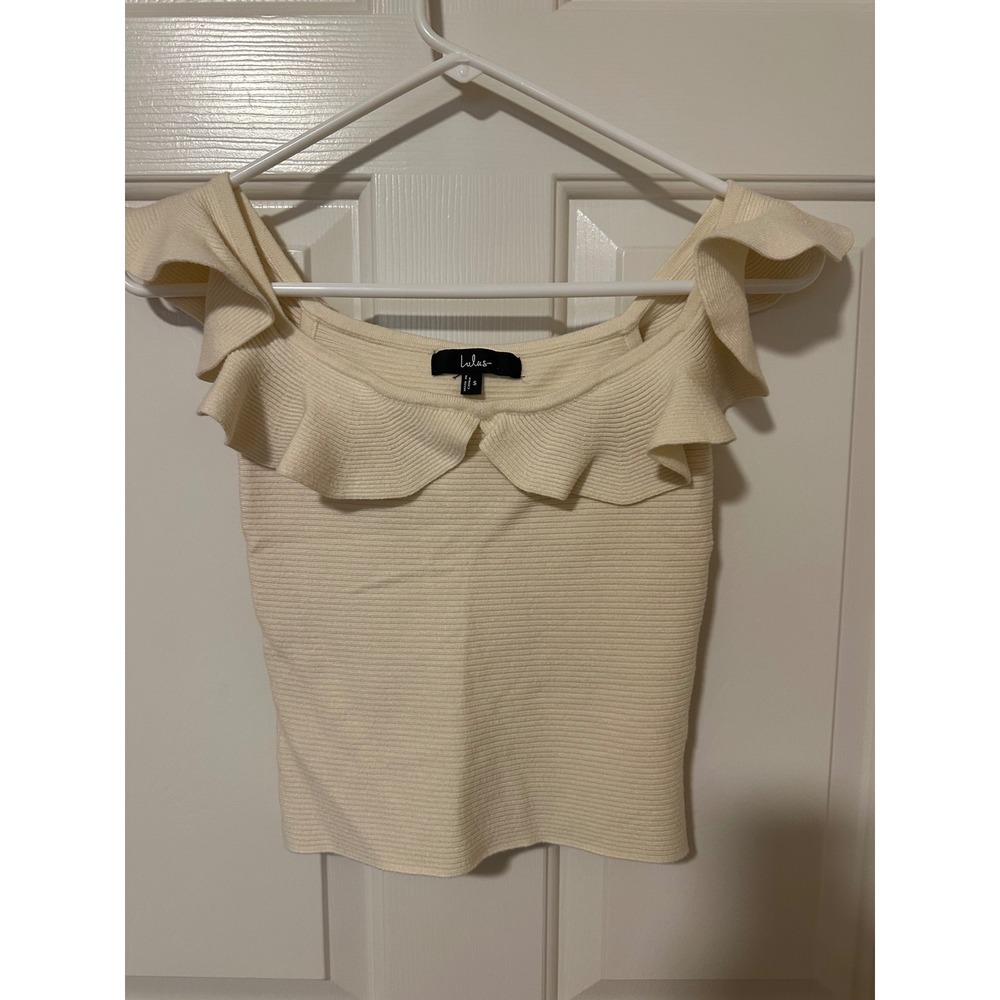 Lulus Knit Top Women S Cream Ruffle Off The Shoulder Ribbed IT0726 Short Sleeve
